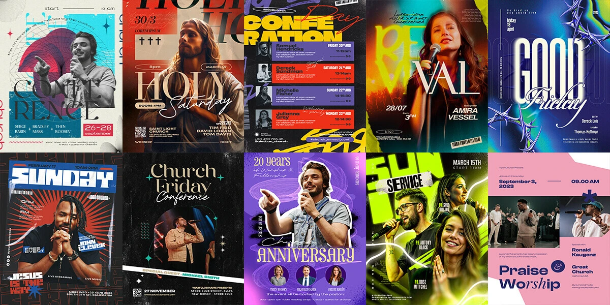 A wide selection of colorful church event and worship templates